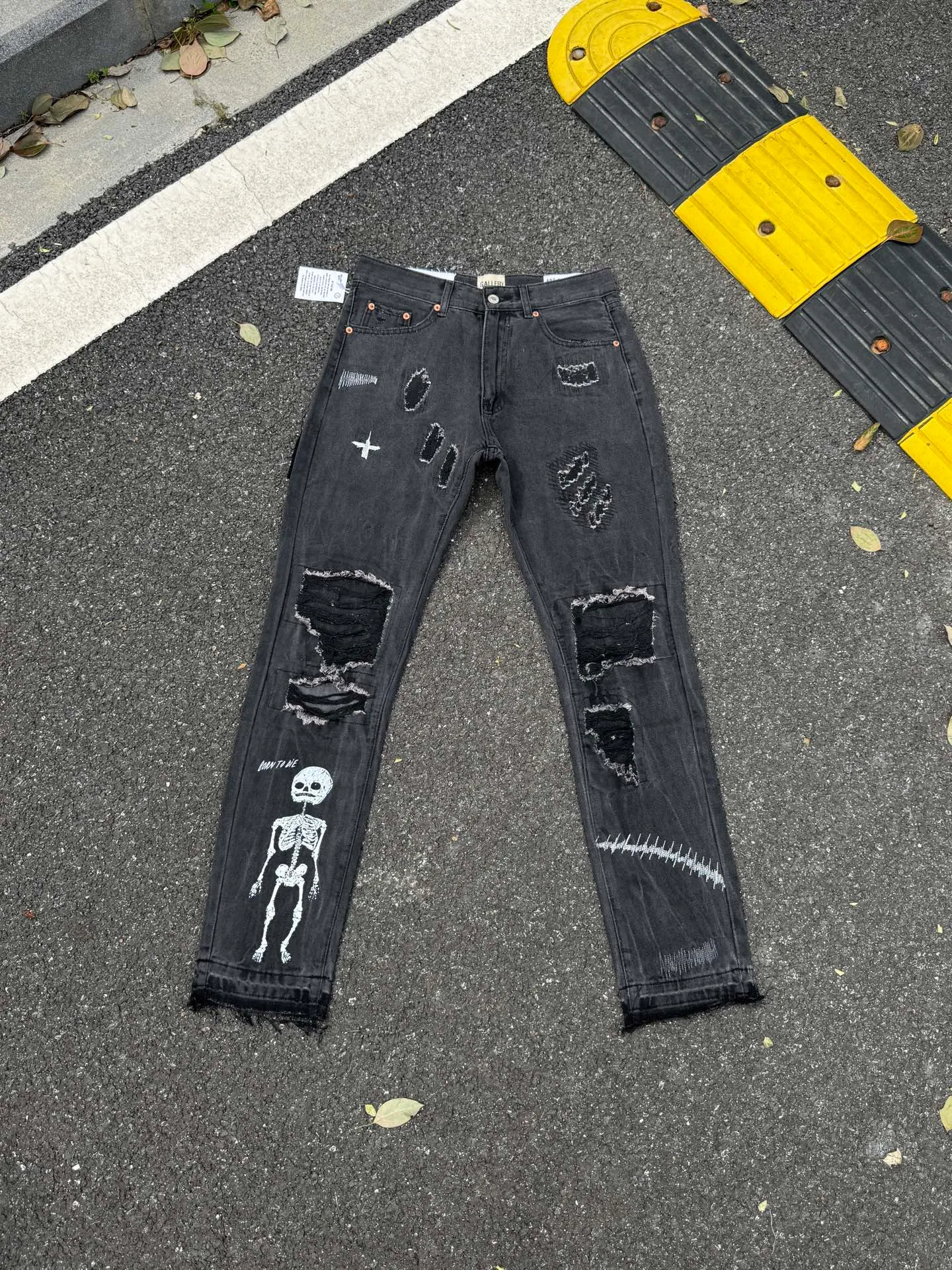 P246💰G22 GALLERY DEPT. Skull hand-stitched distressed distressed jeans -Color: Black -Size: S-XXL